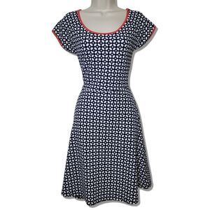 Hailey:23 Rinna Knit Navy Geometric Print Orange Trim Fit & Flare Mini Dress